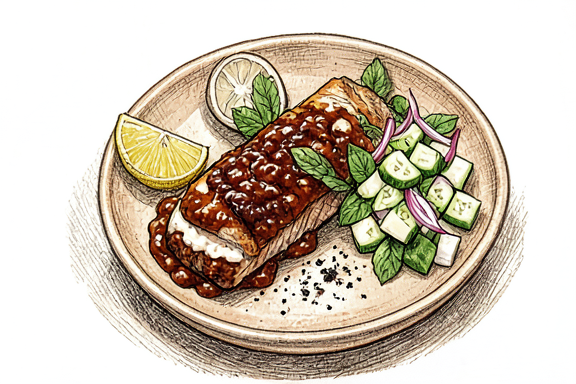 Lachs-Tikka aus dem Heißluftherd mit Gurkensalat