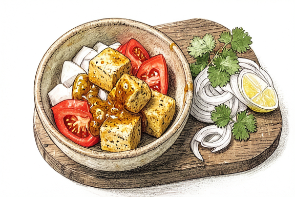 Air-Fryer-Tofu-Kadai mit Zwiebelsalat