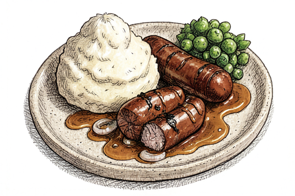 Bangers and Mash mit karamellisierter Zwiebelsoße