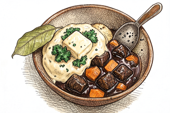 Rindfleisch- und Guinness-Eintopf mit Champ (Grünkohl-Kartoffelpüree)