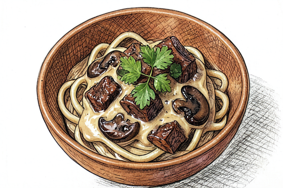Cremiges Rinderfilet-Pilz-Stroganoff mit Eiernudeln