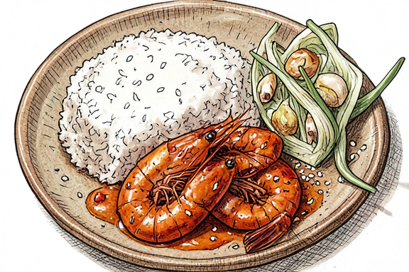 Ebi Chili mit gebratenem Kohl und Reis