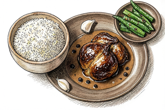 Filipino Chicken Adobo mit Reis und grünen Bohnen