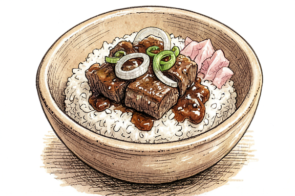Gyudon mit gedämpftem Reis und eingelegtem Ingwer