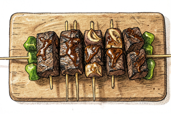 Gyuniku Kushiyaki mit frittierter Zwiebel und Paprika aus der Heißluftfritteuse