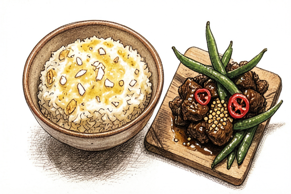 Indonesisches Rindfleisch-Rendang mit Kokosreis und grünen Bohnen