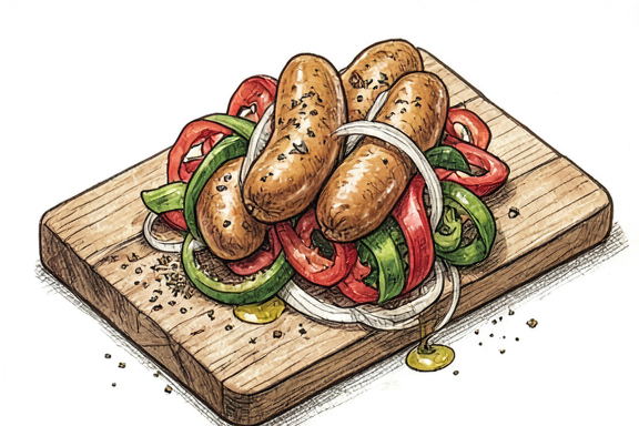 Italienische Bratwurst mit frittierter Paprika und Zwiebeln aus der Heißluftfritteuse