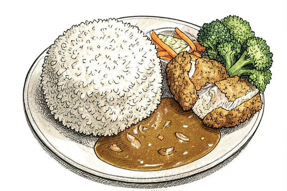 Japanisches Chicken Katsu Curry mit Reis und gedämpftem Brokkoli