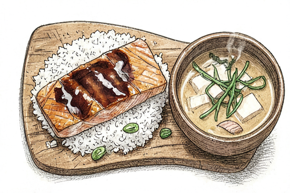 Japanischer Lachs-Teriyaki mit Miso-Suppe und gedämpftem Reis