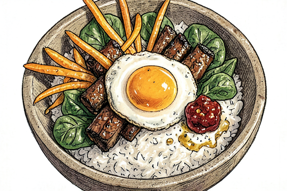 Korean Bibimbap mit Rindfleisch, Spinat, Karotten und Gochujang