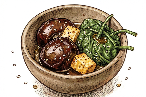 Nasu Dengaku mit Air-Fryer-Tofu und Spinat
