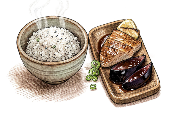 Nasu Miso mit gegrilltem Lachs und Reis