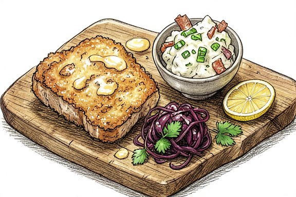 Schweineschnitzel mit Kartoffelsalat und Rotkohl