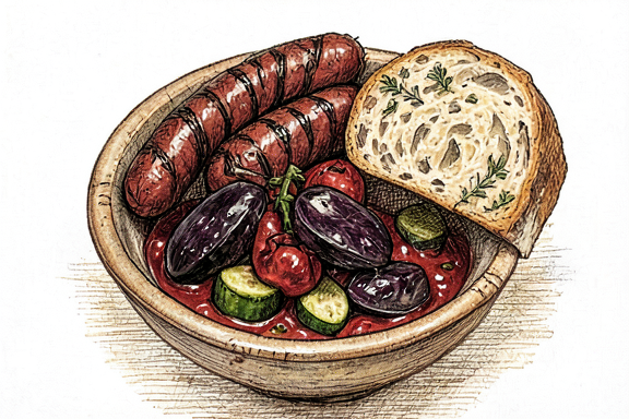 Ratatouille mit gegrillter Wurst und Knoblauchbrot