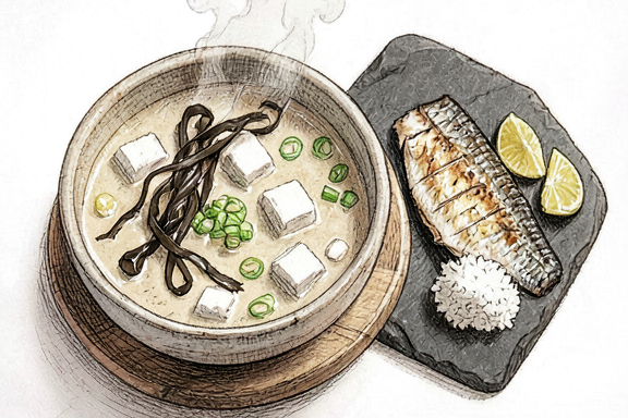 Saba Shioyaki mit Misosuppe und Reis