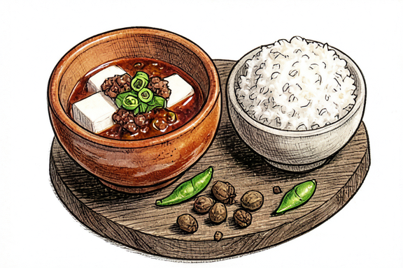 Sichuan Mapo Tofu mit Hackfleisch und gedämpftem Reis