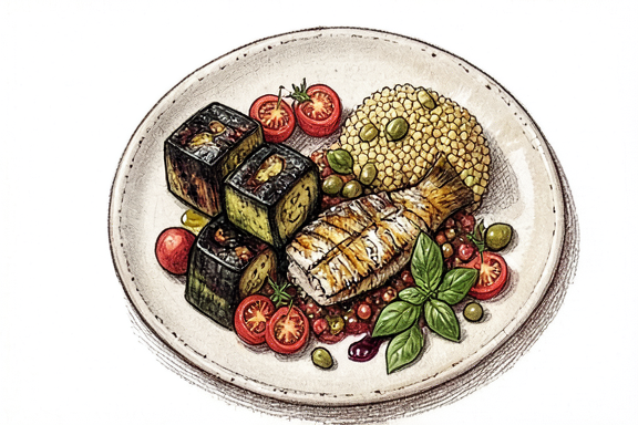 Sizilianische Caponata mit gegrilltem Fisch