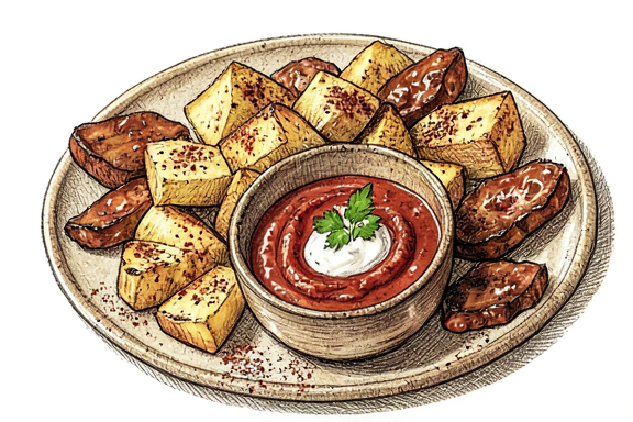 Spanische Patatas Bravas mit Chorizo aus der Heißluftfritteuse