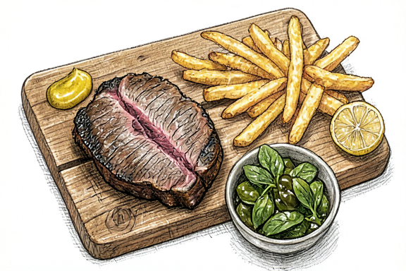 Steak Frites mit Brunnenkressesalat