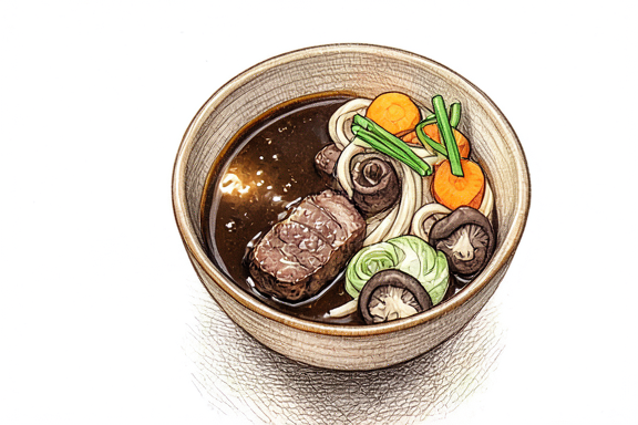 Sukiyaki mit Udon-Nudeln und Gemüse