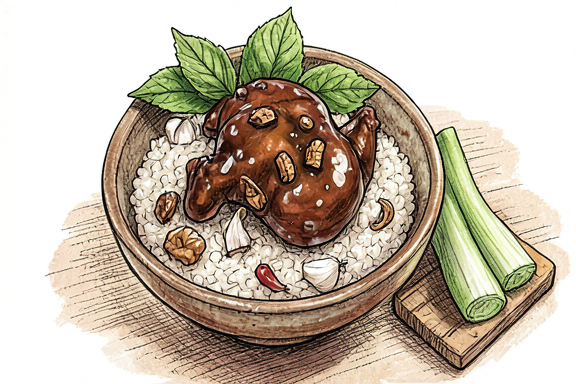 Taiwanesisches Drei-Tassen-Huhn mit Reis und gebratenem Pak Choi
