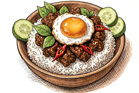 Thai Basil Chicken (Pad Krapow) mit Spiegelei und Jasminreis