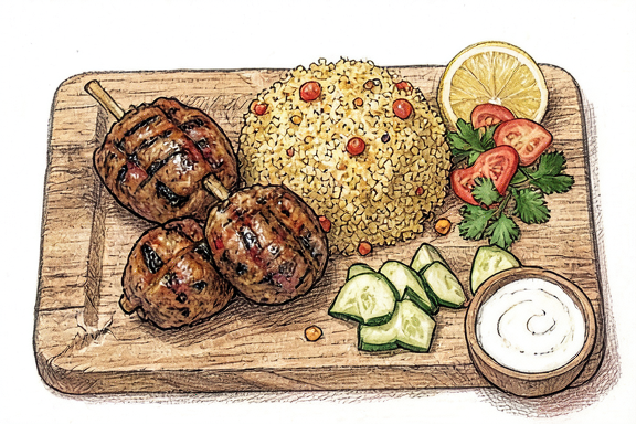Türkische Köfte-Spieße mit Bulgur-Pilaw