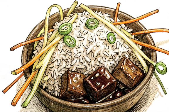 Vietnamesische karamellisierte Schweinefleisch-Schalen (Thit Kho) mit Reis und eingelegtem Daikon